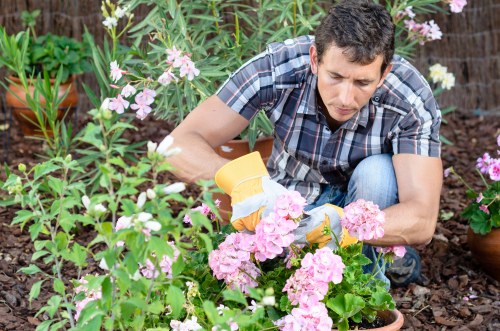 Worker using protective equipment during landscaping tasks